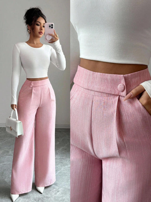 Women's High-Waist Straight-Leg Pants – solid color button detail back view
