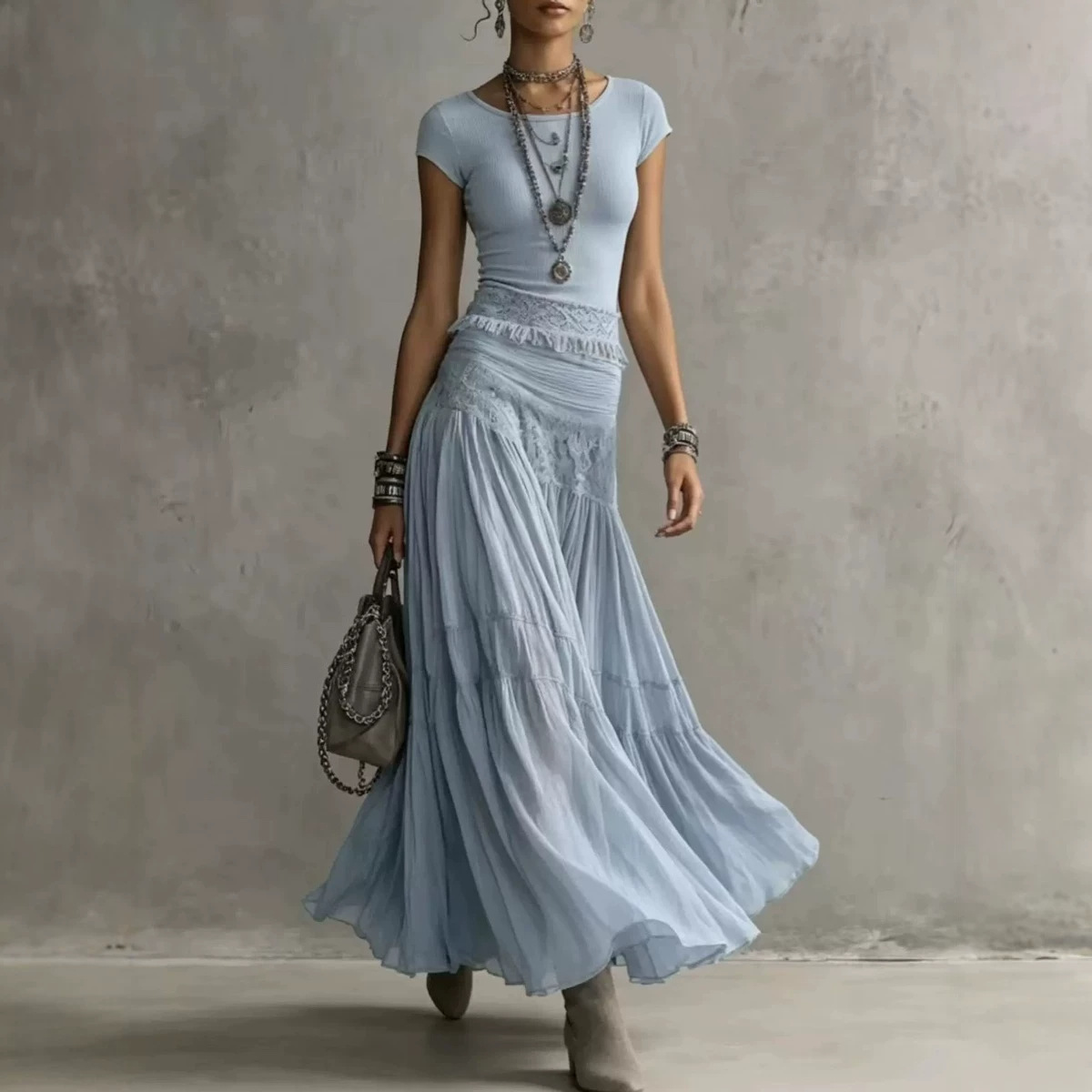 Fashionable And Flowing Knit Top With A Chiffon Long Skirt Set 4