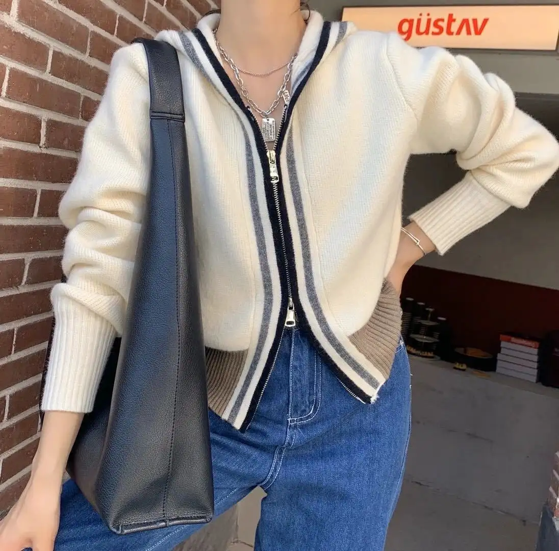 Short Loose Outer Wear Double Zipper Sweater Coat For Women