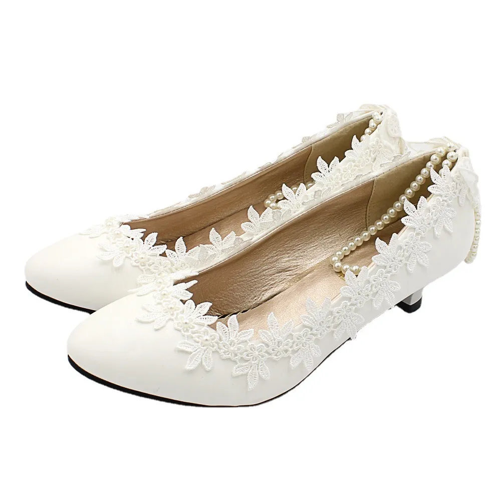 Women's Low Heel Simple White Wedding Shoes - White