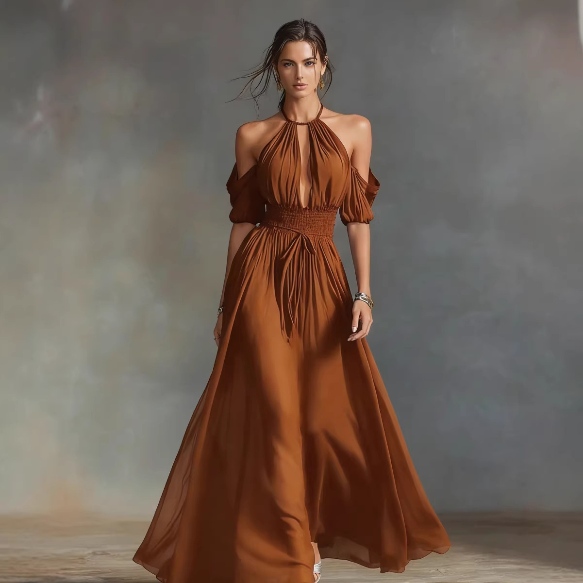 Solid-Color Halter Neck Midi Dress in Caramel – warm toned elegant summer look