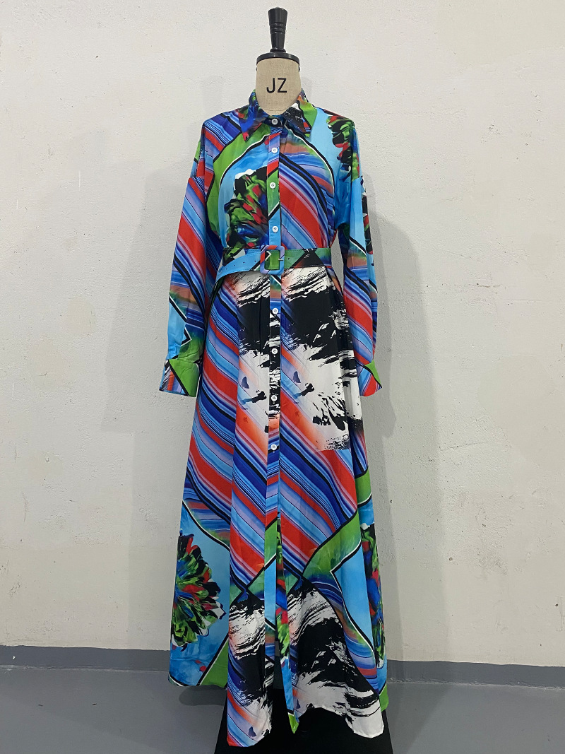 Title 8, Printed Dress Long Sleeve Cardigan Belt Long Dress