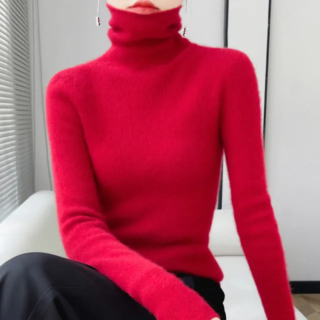 Autumn And Winter Pullover Inner Bottoming Shirt Tight Stretch Women's Cherry Red - Shop at LoveMi