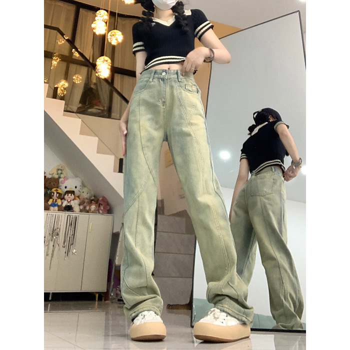 Distressed Yellow Mud Jeans Women's Loose Micro flared Straight Casual Yellow - Shop at LoveMi