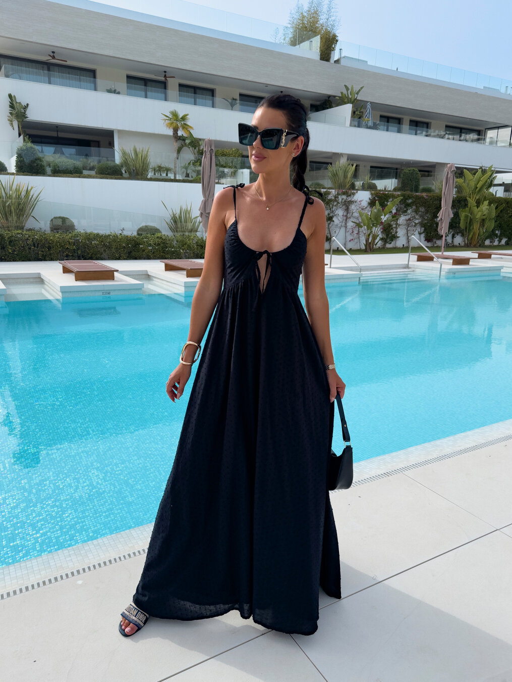 solid color jacquard deep v sling dress front view