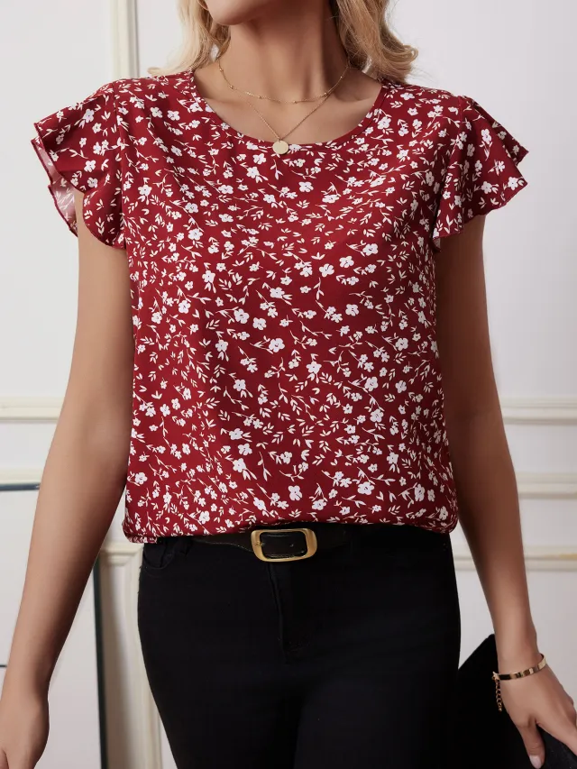 Chiffon Shirt Short sleeved Shirt European And American Fashion Casual Printing Red - Shop at LoveMi