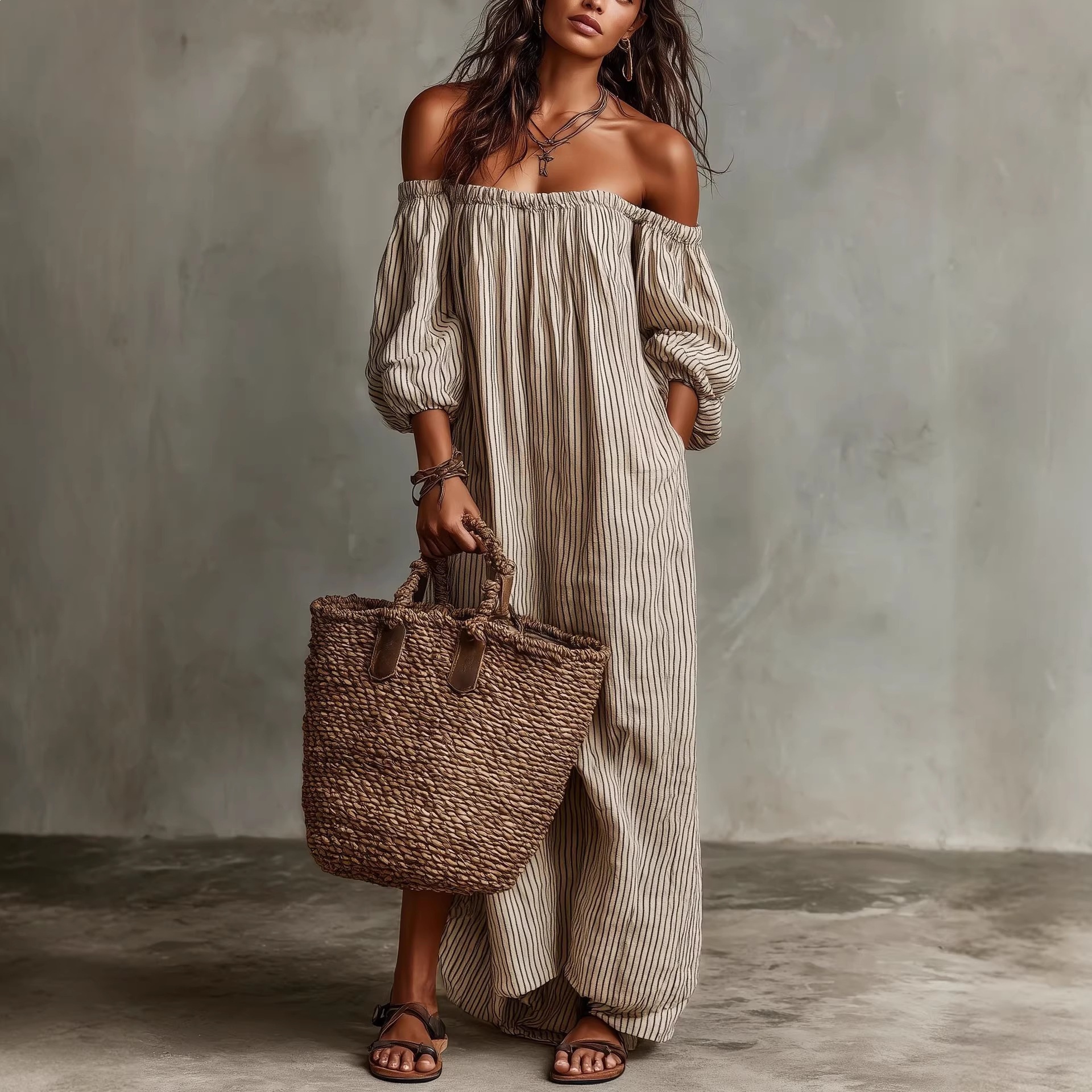 Women's off-shoulder maxi dress color options: green, light blue, stripes