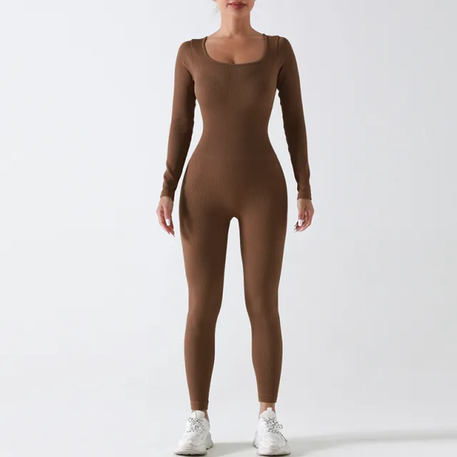 Seamless Yoga Jumpsuit Long Sleeve Autumn And Winter Rompers Coffee - Shop at LoveMi