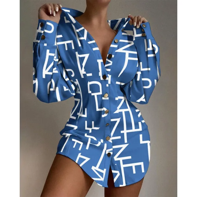 New Fashion Printed Waist controlled Fastener Decoration Women's Shirt Blue - Shop at LoveMi