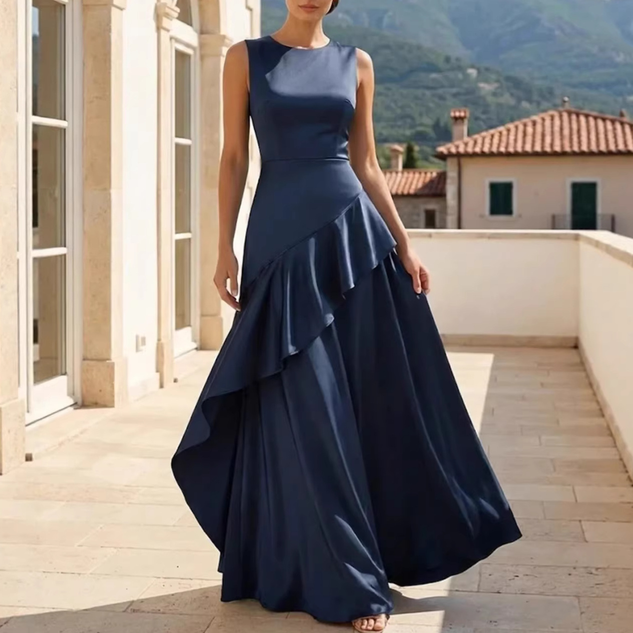 French-style Elegant Round-neck Sleeveless Dress A Fashionable Maxi Skirt With Ruffled Hem