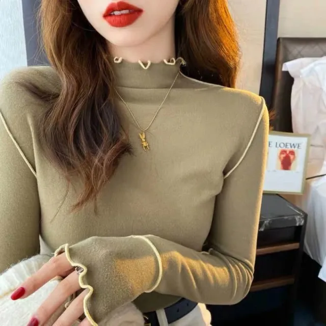 Half Turtleneck Wooden Ear Sweet Spicy Long sleeved T shirt Top For Women Green - Shop at LoveMi