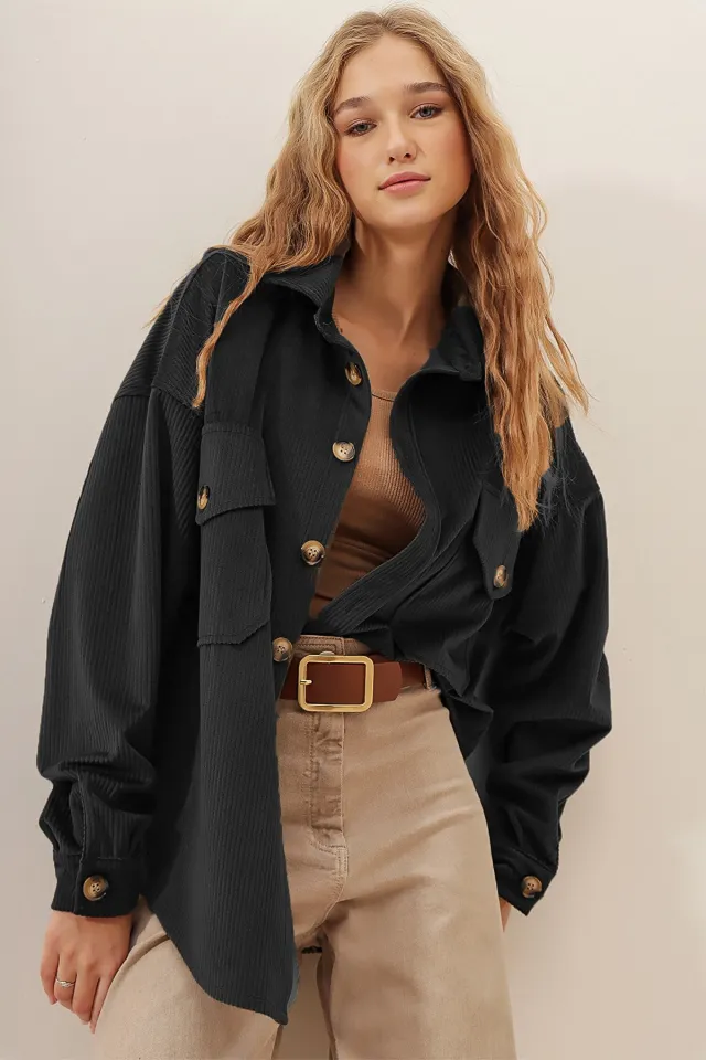 Women's Corduroy Pocket Long Sleeve Coat Black - Shop at LoveMi