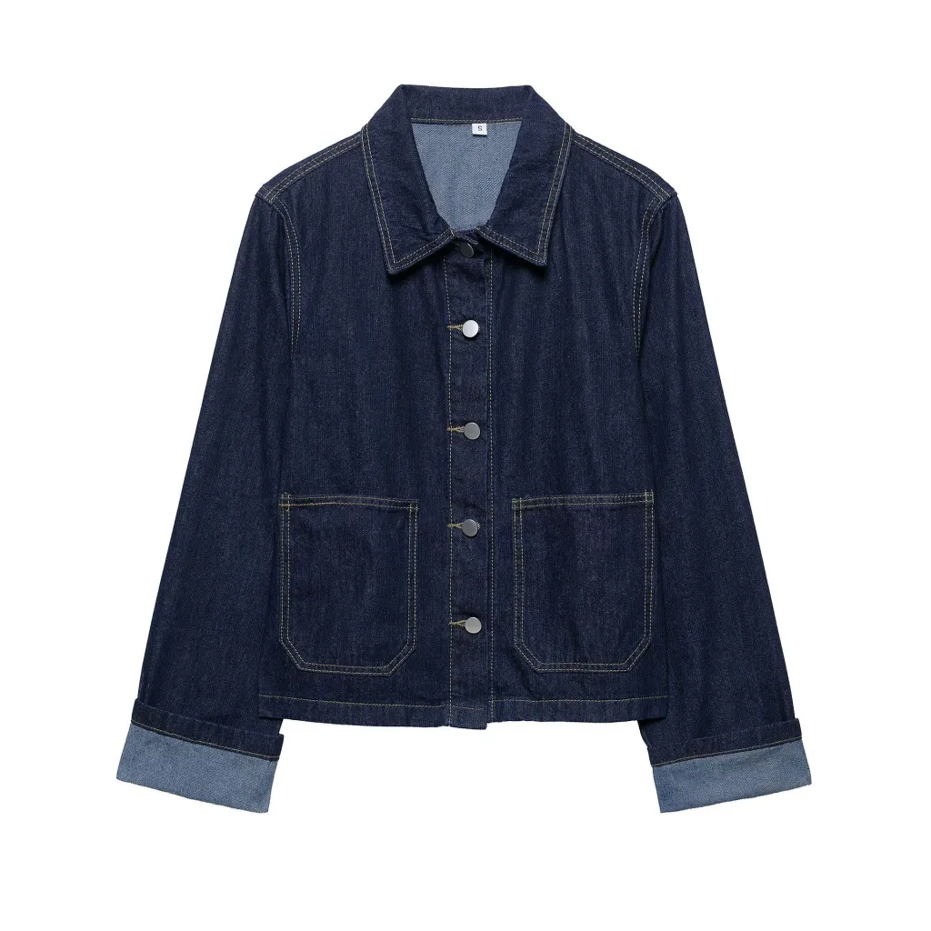 Lapel Cuff Denim Style Short Denim Coat Skirt Outfit - Top-L