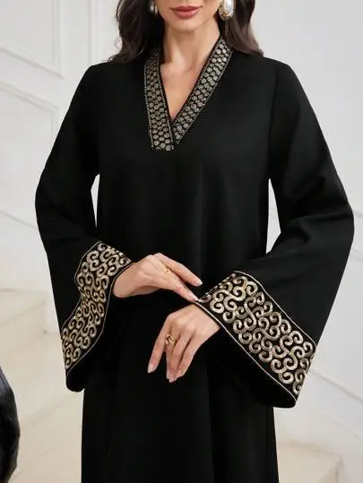 Embroidered Trim Patchwork V neck Waist Flared Dress Black - Shop at LoveMi