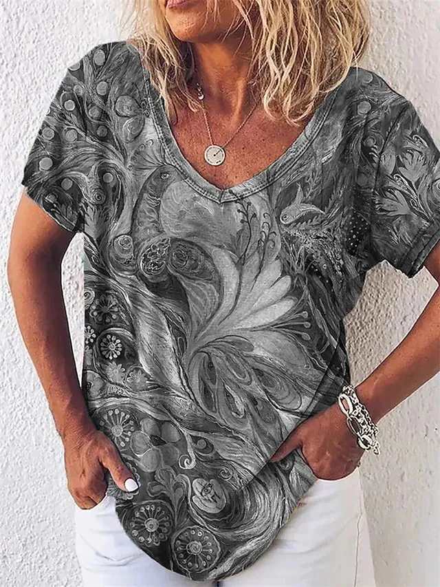 Europe And America Cross Border Summer Elegance Women's 3D Women's Abstract Painting T shirt Pattern Graffiti Gray - Shop at LoveMi