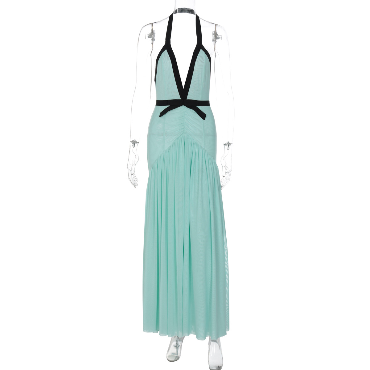 Chic Halter neck Mesh Contrast color Dress Green - Shop at LoveMi