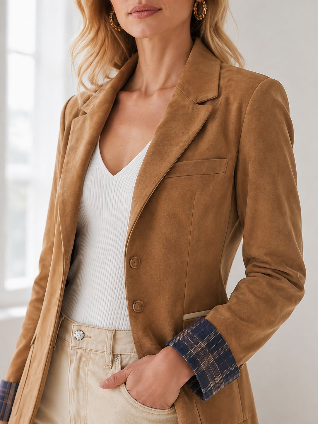 Vintage Suede-Effect Suit Jacket With Long Sleeves For Women