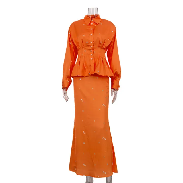 Printed Long sleeved Shirt Fishtail Skirt Suit Orange - Shop at LoveMi