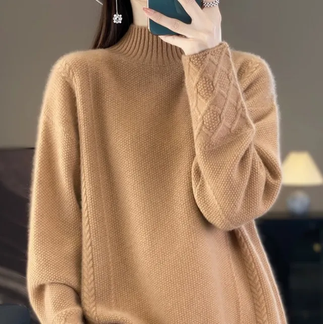 Retro Jacquard Knitted HalfHigh Neck Base Sweater Loose Effortless Base Top Golden Camel - Shop at LoveMi