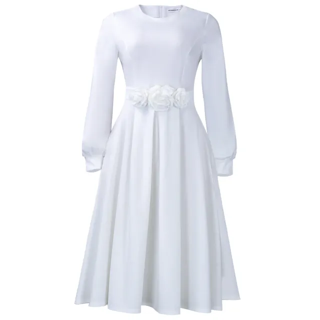 A line African Dress With A Round Neck Long Sleeves And A 3D Floral Skirt White - Shop at LoveMi