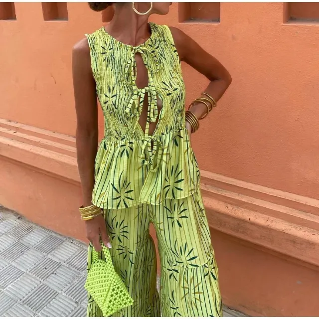 Women's Hollow Lace Peplum Top Suit Green Flower - Shop at LoveMi