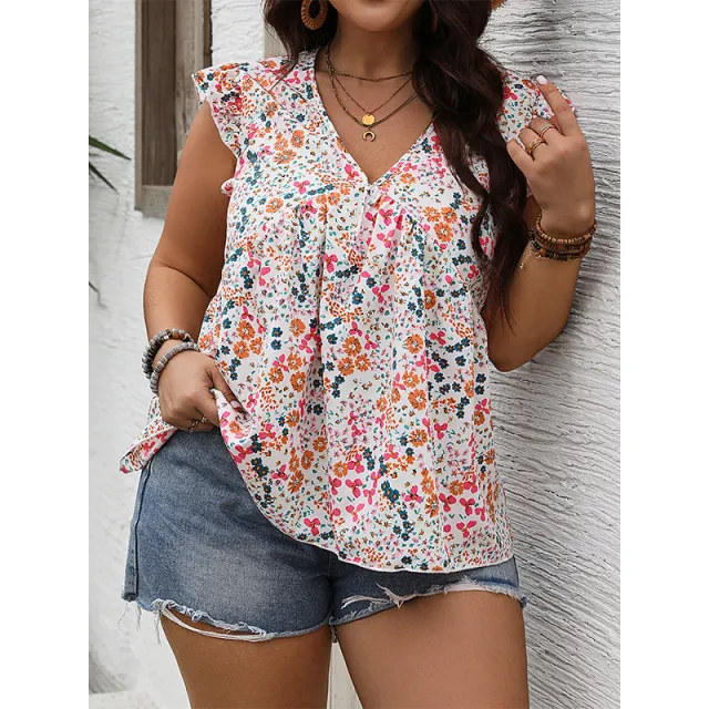Lotus Edge Pullover Print Casual V neck Sleeveless Short Shirt White - Shop at LoveMi