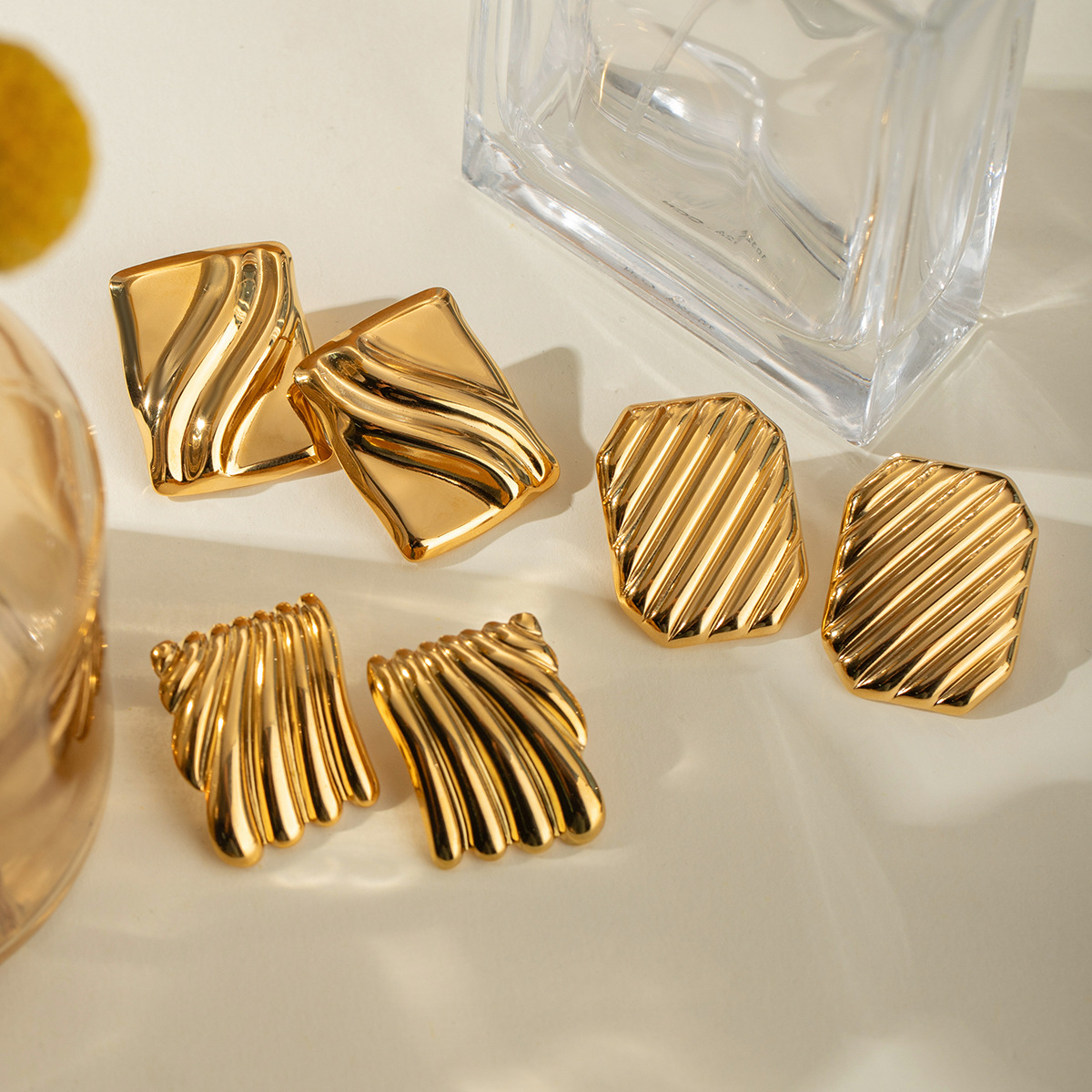 Trendy 18K Gold Stainless Steel Cube Wave Earrings