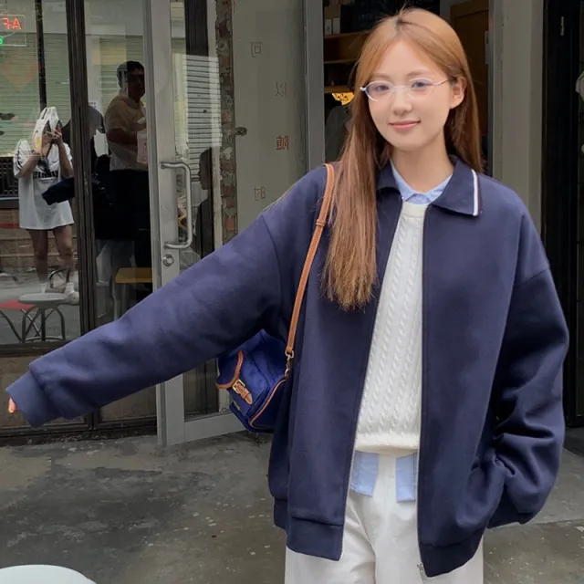 Sports Sweater Coat Women's Loose College Mid length Sapphire Blue - Shop at LoveMi