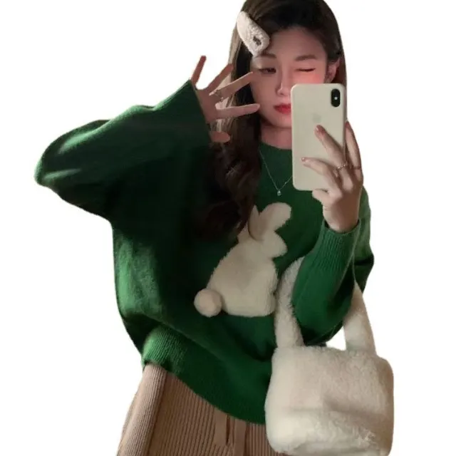 Cute Jacquard Christmas Knitted Sweater For Women Green - Shop at LoveMi