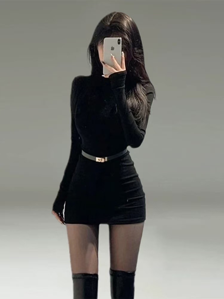 Black High neck Bodycon Dress Stylish And Figure hugging Black Plus Belt - Shop at LoveMi
