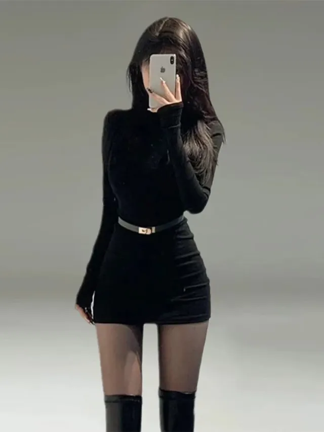 Black High neck Bodycon Dress Stylish And Figure hugging Black Plus Belt - Shop at LoveMi