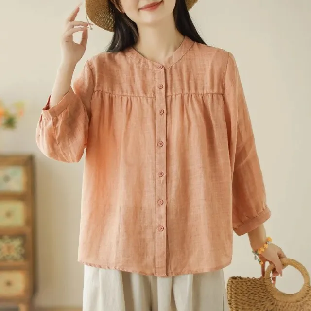 Simple Style Elegant Cotton And Linen Three quarter Sleeve Stand Collar Shirt For Women Orange - Shop at LoveMi