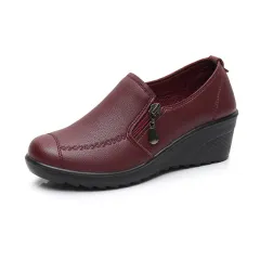 Elderly Women's Wedge Leather Shoes - Red - View 1