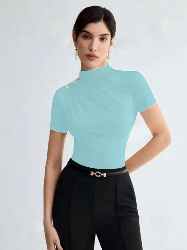 Women's Summer Solid Color Elegant Pleated Short Sleeves T shirt Blue - Shop at LoveMi