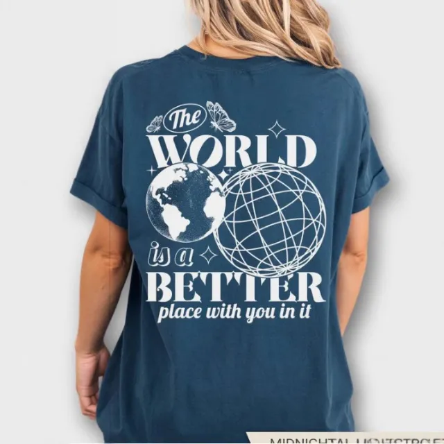 Letter 2D Printed Starry Sky Earth Cotton T shirt Loose Short Sleeve Top Navy Blue - Shop at LoveMi
