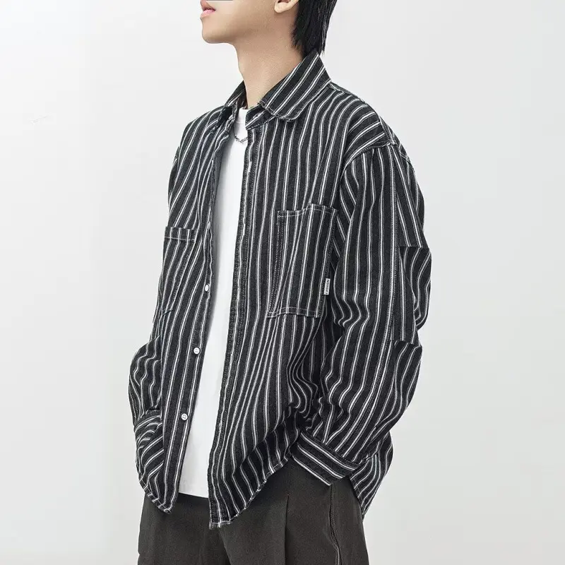 American-style Vintage Workwear Lapel-collar Loose-fit Casual Vertical-striped