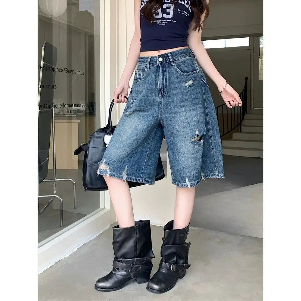 Womens American-style Vintage Distressed Capri Jeans