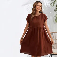 OL Temperament Cotton Linen Round-neck A-line Skirt Pocket Dress - Brown - View 1