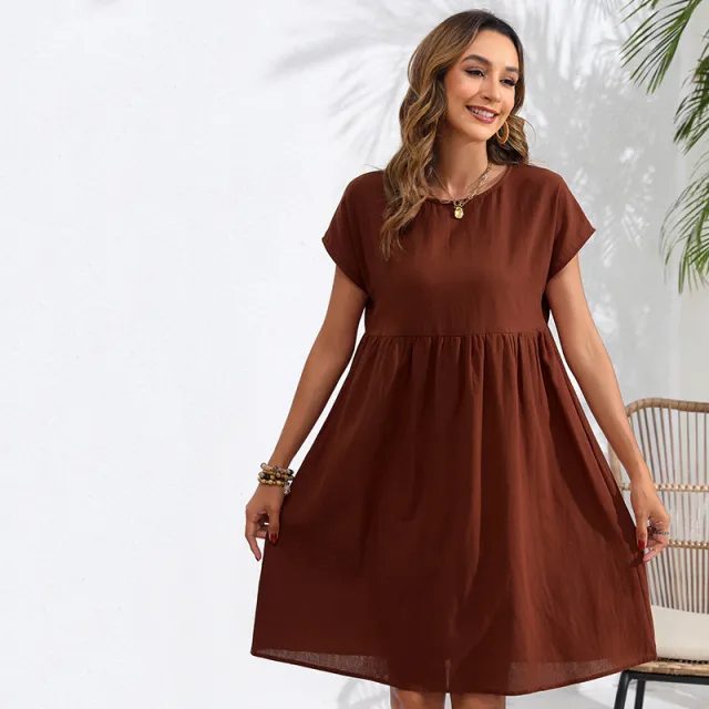 OL Temperament Cotton Linen Round neck A line Skirt Pocket Dress Brown - Shop at LoveMi