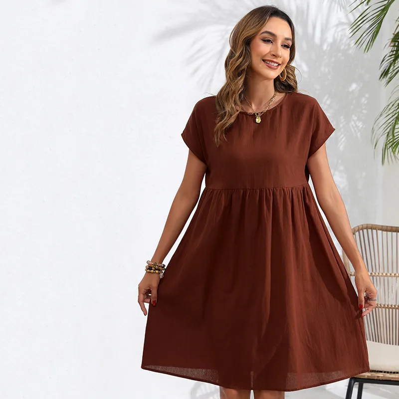 OL Temperament Cotton Linen Round-neck A-line Skirt Pocket Dress - Brown