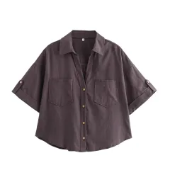 Retro Style Fashionable All-match Lapel Single Breasted Short Top - Maroon - View 1