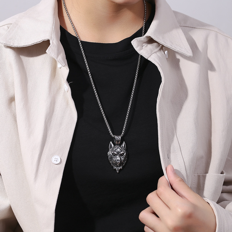 Viking Retro Wolf Head Boys Necklace Titanium Steel Personality