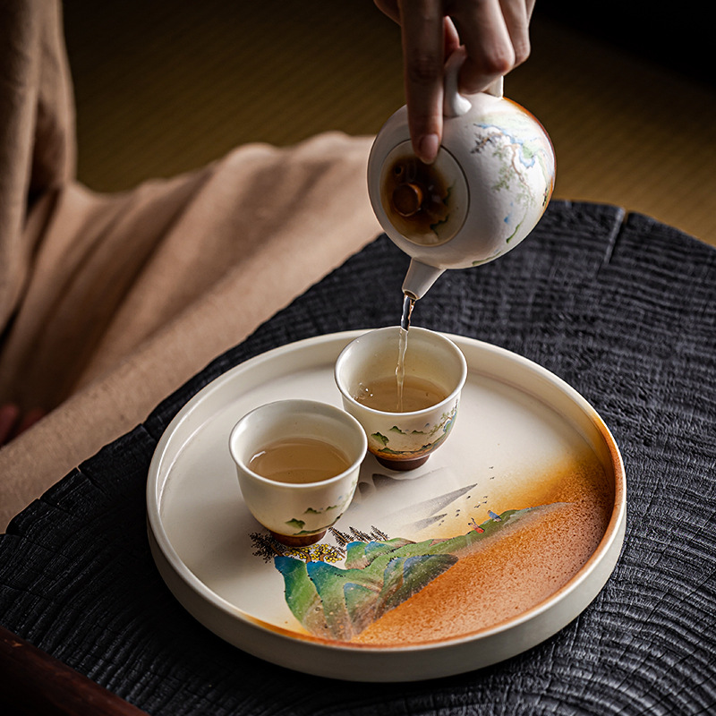 Ceramic Saucer Tea Tray Household Japanese Landscape Round Dry Pour Pot
