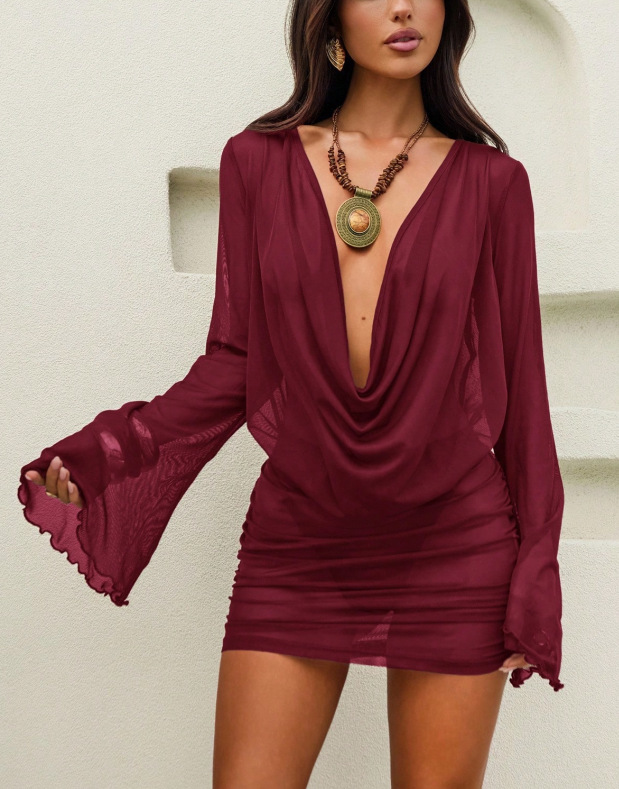 Women's Beach Cover Up Sun Protective Dress, Stylish V Neck Long Sleeve One Piece Dress Wine - Shop at LoveMi