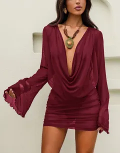 Women's Beach Cover-Up Sun-Protective Dress, Stylish V-Neck Long-Sleeve One-Piece Dress - Wine - View 1