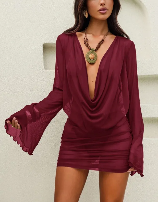 Women's Beach Cover-Up Sun-Protective Dress, Stylish V-Neck Long-Sleeve One-Piece Dress - Wine
