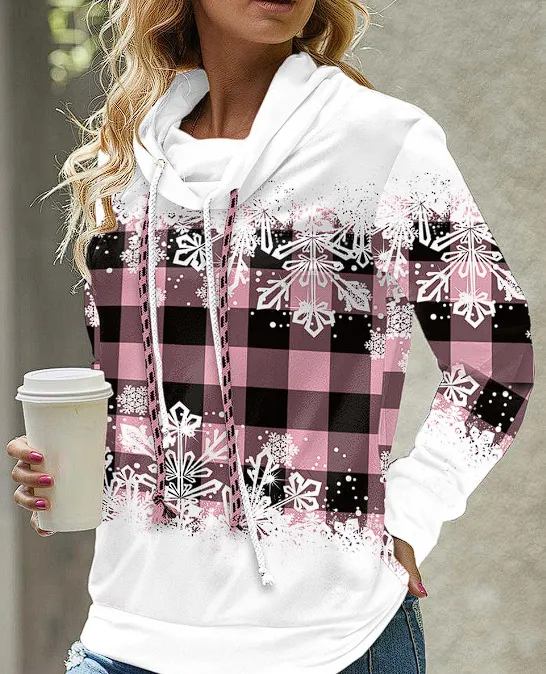 New Women's Pile Collar Hooded Printed Top Snow Powder Grid 3Xl - Shop at LoveMi