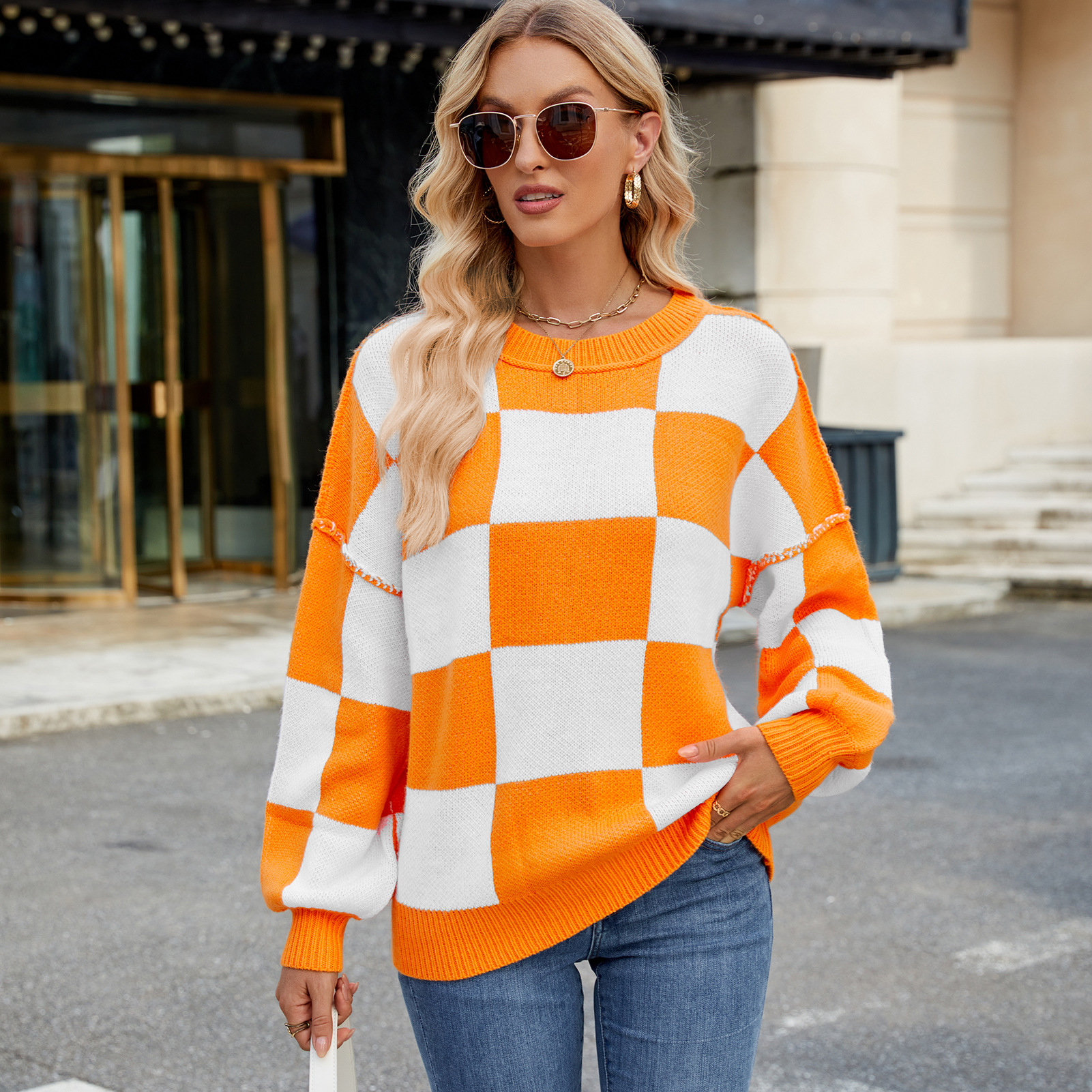 Women's Casual Plaid Color Matching Sweater Orange - Shop at LoveMi