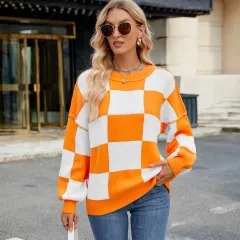 Women's Casual Plaid Color Matching Sweater - Orange - View 1