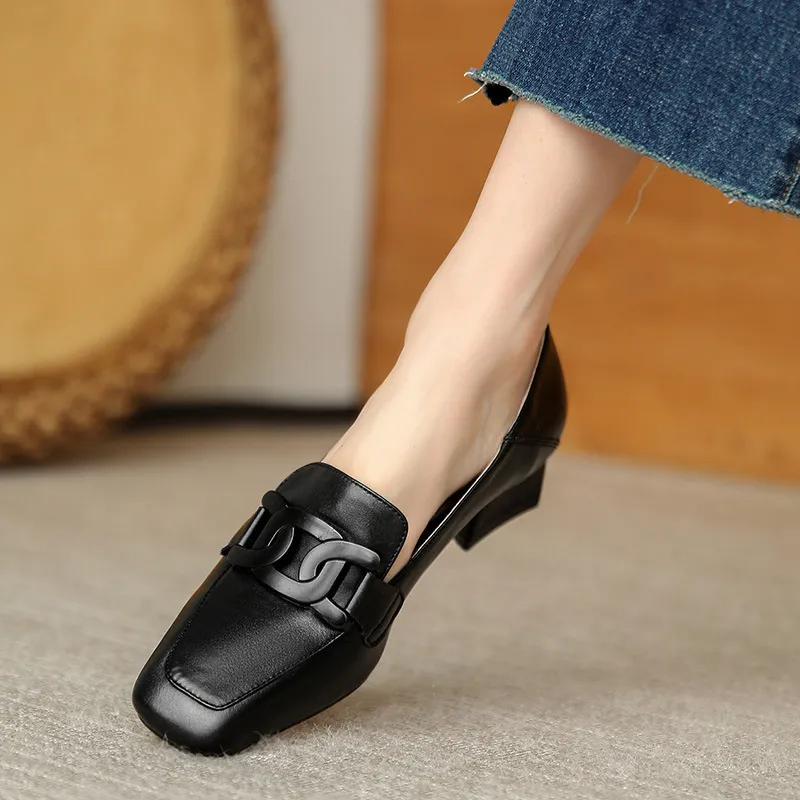 Leather Shoes Women's Chunky Heel Retro Square Toe Pumps Mid Heel - Black